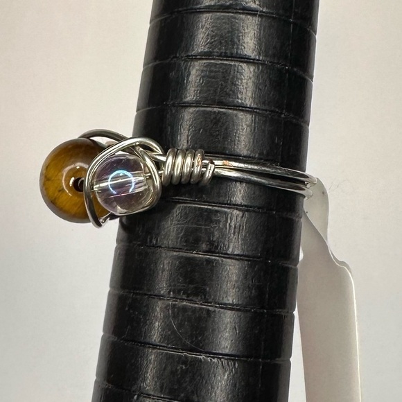 Tiger eye ring silver color glass beads handmade wire wrap - Picture 4 of 5